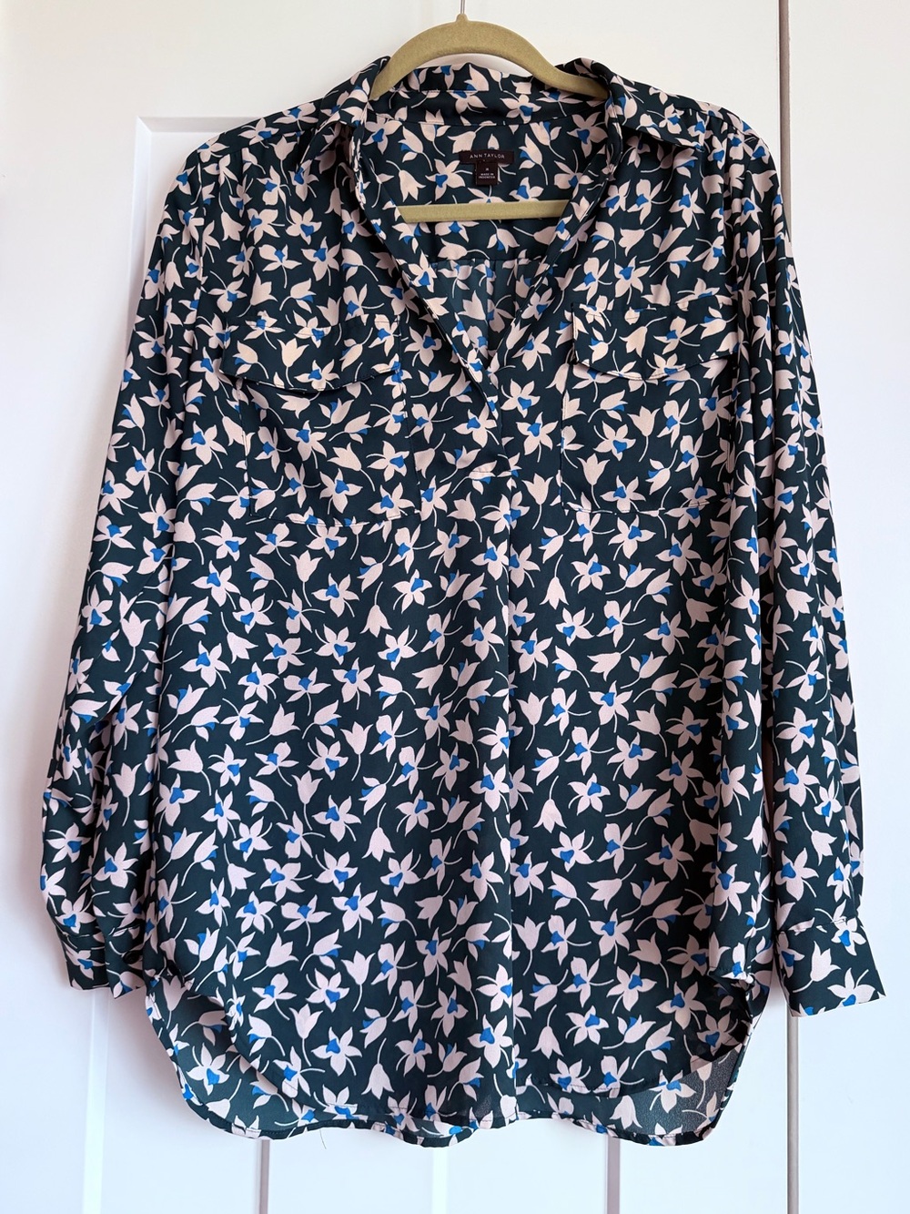 Ann Taylor dark green Blouse with white and Blue Floral Motif